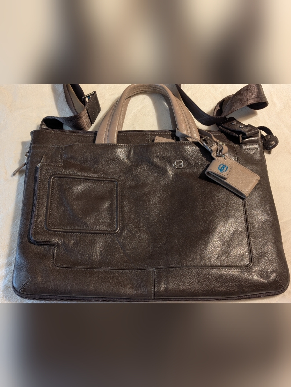 Piquandro Leather Briefcase Messenger Bag in Dark Brown and Taupe. NWOT